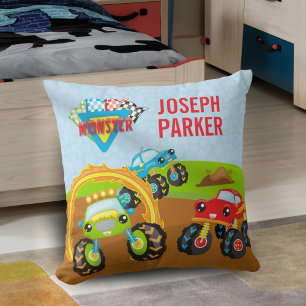 Colorful Little Boy Monster Lastbilar med First Na Kudde
