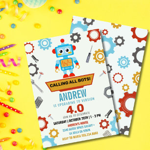 Colorful Little Robot Party Theme Birthday Inbjudningar