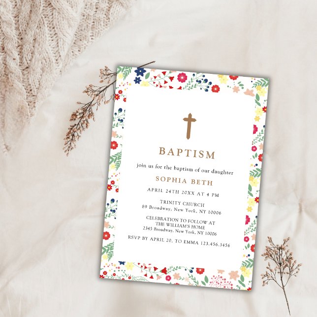 Colorful Little Wildblomma Ram Kor Baptism Inbjudningar (Colorful Little Wildflower Frame Cross Baptism Invitation)