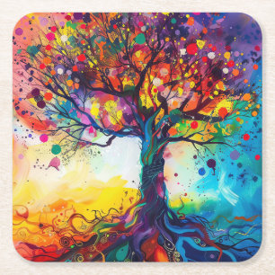 Colorful Livets träd Rainbow Serenity Nature Art Underlägg Papper Kvadrat