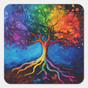 Colorful Livets träd Roots Knowledge Wisdom Peace Fyrkantigt Klistermärke