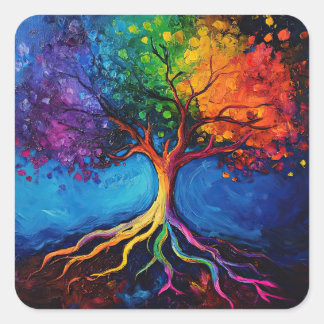 Colorful Livets träd Roots Knowledge Wisdom Peace Fyrkantigt Klistermärke