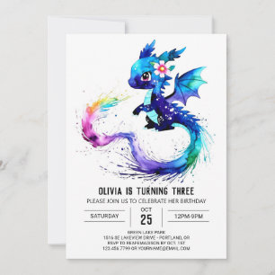 Colorful Lycklig Dragon Digital Girl Birthday Inbjudningar