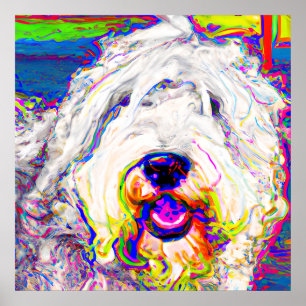 Colorful Lycklig Fluffy Old English Sheepdog Poste Poster