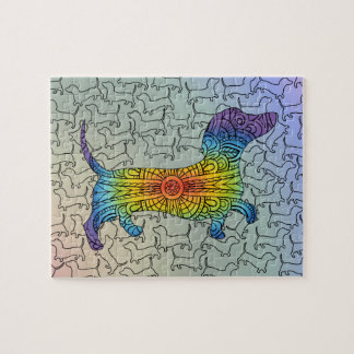 Colorful Lycklig Rainbow Dachshund Mandala Puzzle Pussel