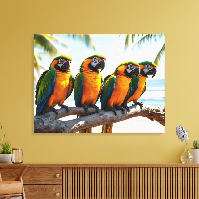 Colorful Macaw Parrots By Beach Bird Art Canvastryck (Insitu (Vardagsrum))