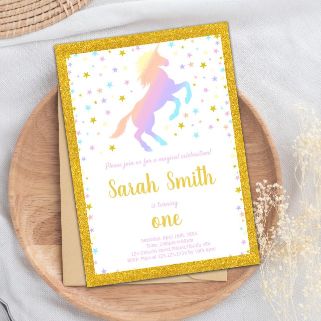 Colorful Magic Girl Party Inbjudan (Rainbow Unicorn Invitations)