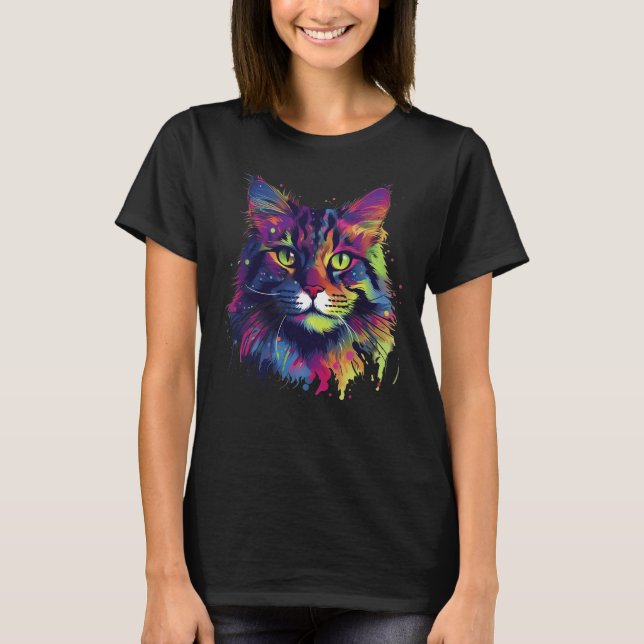 Colorful Maine-coon cat T Shirt (Framsida)
