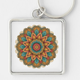 Colorful Mandala Floral Boho Charm Fyrkantig Silverfärgad Nyckelring