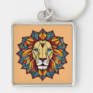 "Colorful Mandala Lejon: Geometric Art Design" Fyrkantig Silverfärgad Nyckelring