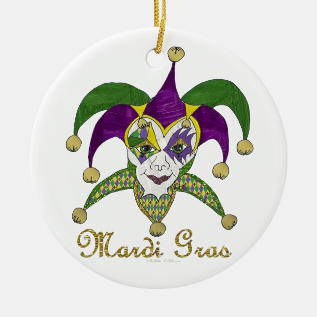 Colorful Mardi Gras Jesters Mask Julgransprydnad Keramik (Framsidan)