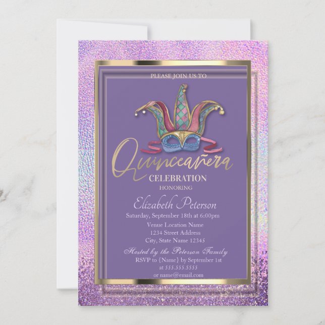 Colorful Masque Holografik Quinceañera Inbjudningar (Framsida)