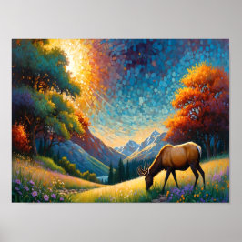Colorful Meadow Elk with Flowers Art Poster