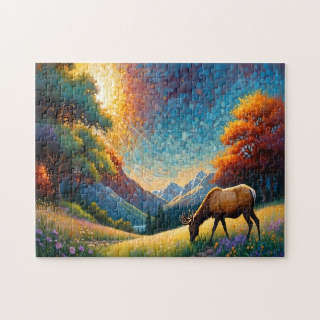 Colorful Meadow Elk with Flowers Art Pussel (Horisontell)