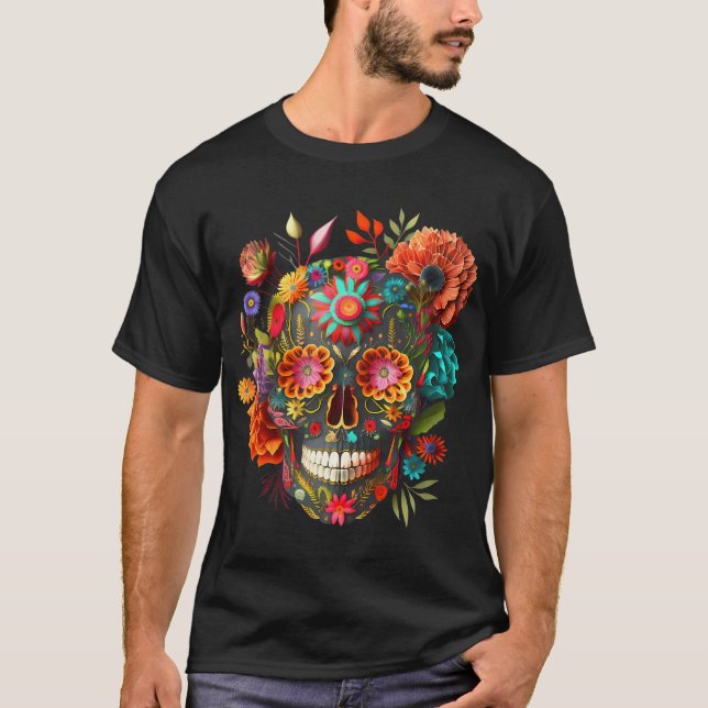 Colorful Mexican Döskallars Flowers Halloween Catr T Shirt (Framsida)