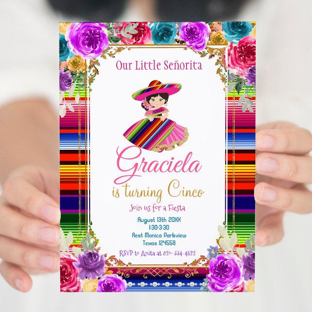 Colorful Mexican Fiesta Birthday Guld Girl Inbjudningar (Skapare uppladdad)