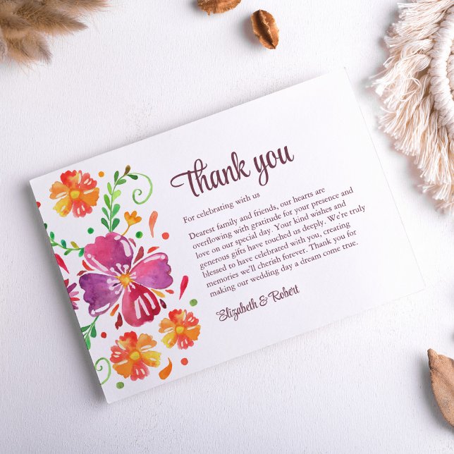 Colorful Mexican Fiesta Bröllop Tack Kort (Colorful Mexican Fiesta Wedding Thank You Card on neutral boho table.)