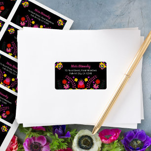 Colorful Mexican Fiesta Flowers Black Adress Adressetikett