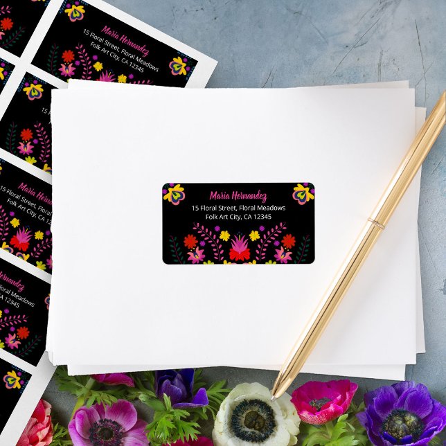Colorful Mexican Fiesta Flowers Black Adress Adressetikett (RSVP envelope address labels from my Mexican Fiesta Party Quinceanera Collection 
)