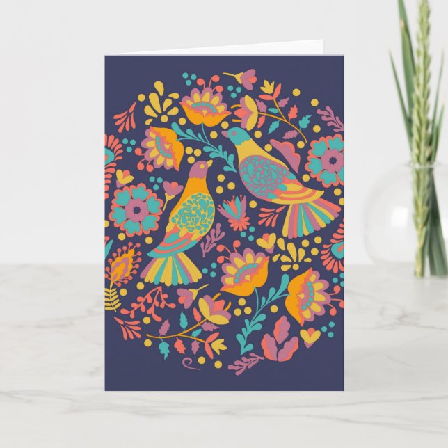 Colorful Mexican FolArt Birds and Flowers Blue Kort (Framsida)