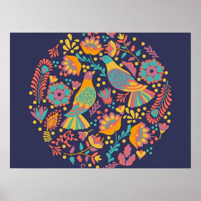Colorful Mexican FolArt Birds and Flowers Blue Poster (Framsidan)