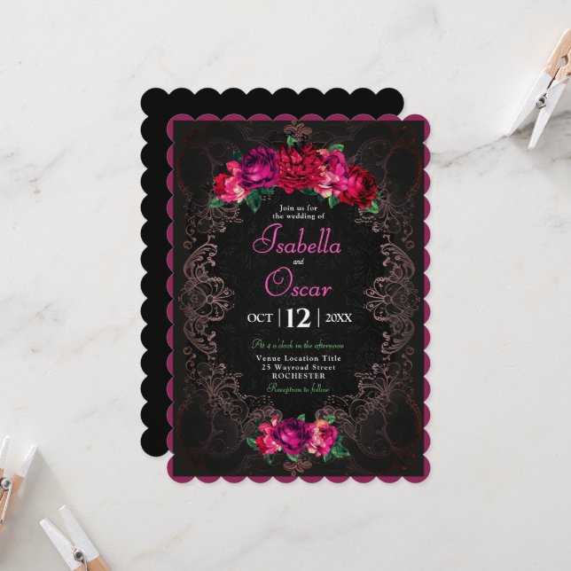 Colorful Mexican pink floral wedding black Inbjudningar (Fram/Back In Situ)
