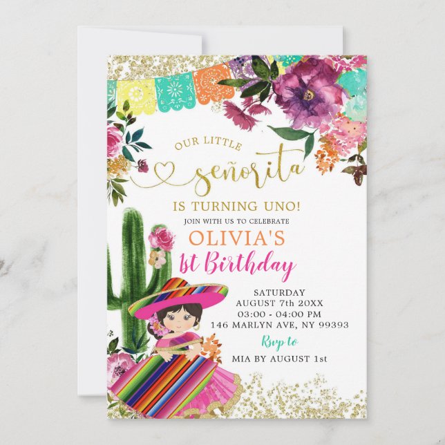 Colorful Mexican Senorita First Birthday Inbjudningar (Framsida)