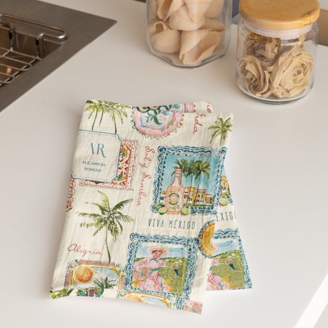 Colorful Mexican Travel Print Monogram Kökshandduk (Skapare uppladdad)