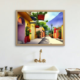 Colorful Mexican Village Street Scenia Watercolor Poster