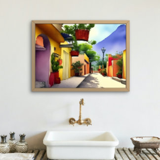 Colorful Mexican Village Street Scenia Watercolor Poster