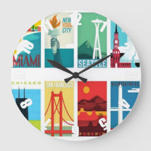 Colorful Miami San Francisco Seattle Travel Clock Stor Klocka