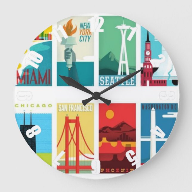 Colorful Miami San Francisco Seattle Travel Clock Stor Klocka (Framsida)