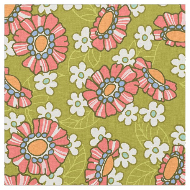 Colorful Midscale Retro Floral Pattern Tyg (Närbild)