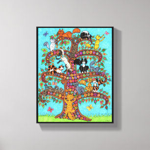 Colorful Millefiori Träd Cute Tecknad Cats Flowers Canvastryck