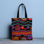 Colorful Modern Australian Dot Art Tribal Mönster Tygkasse<br><div class="desc">Den här moderna designen har en färgstark målad stampunkt mönster i skarp orange,  lila,  grönt,  turkos och vitt på svart bakgrund #tribal #australian #australian #tote #totepåsar #tillbehör #gåvor #giftsfortjejer #giftsforher #giftsforher #giftsforwomen #stil #trendig</div>