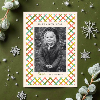 Colorful Modern Crisscross Photo New Year Julkort