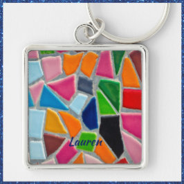 Colorful Mosaic Mönster Fyrkantig Silverfärgad Nyckelring
