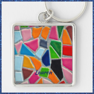 Colorful Mosaic Mönster Fyrkantig Silverfärgad Nyckelring