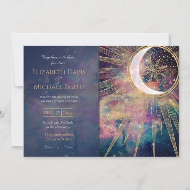 Colorful Nebula Guld Doodles Sol Måne Mandala Inbjudningar (Framsida)