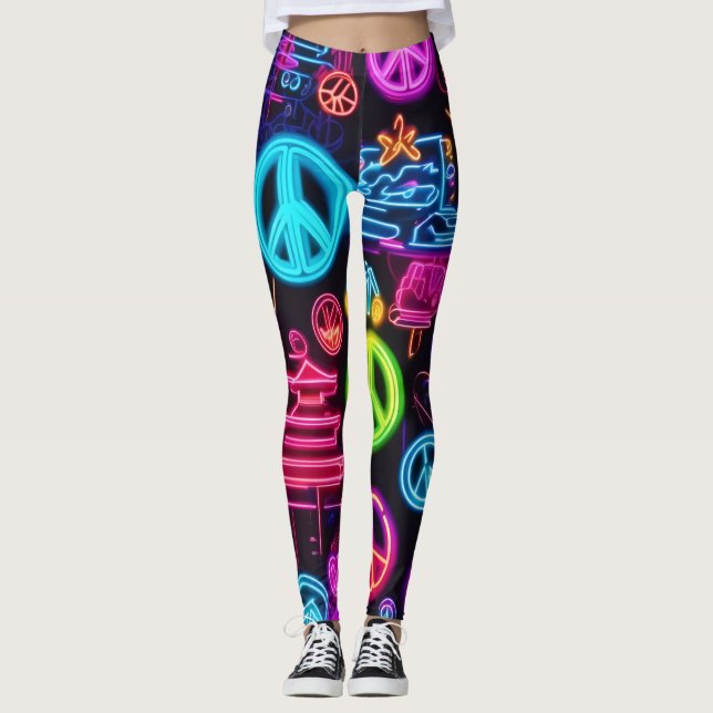 Colorful Neon Peace Mönster Leggings (Framsida)