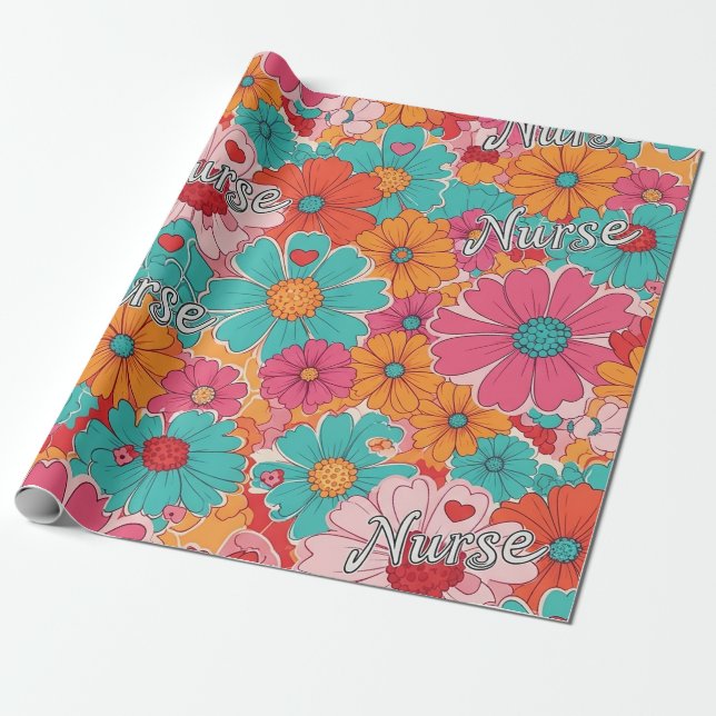 Colorful Nurse Floral Pattern (1) Presentpapper (Utrullad)