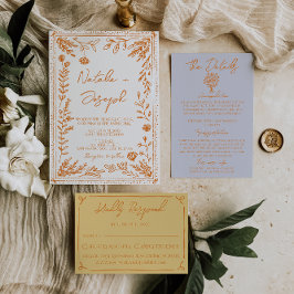 Colorful Orange Hand Drawn Floral Garden Wedding Inbjudningar