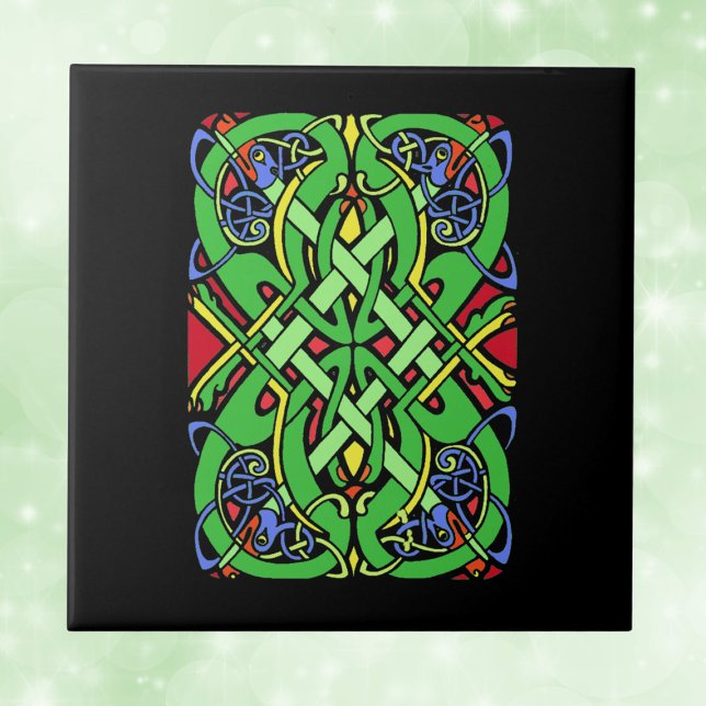 Colorful Ornate Irish Celtic Knot Kakelplatta (Ornate green blue red Celtic Irish Knot with snake heads on black decorative ceramic tile.)