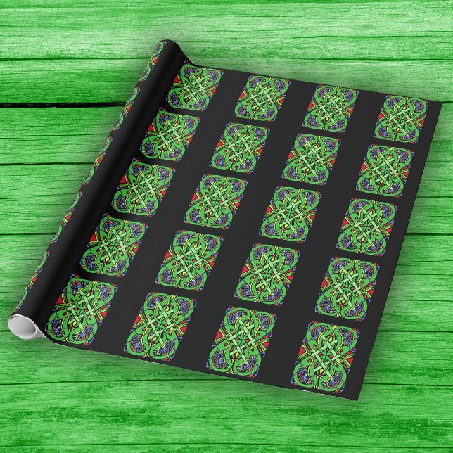 Colorful Ornate Irish Celtic Knot Presentpapper (Fancy Dragon Head Irish Celtic knot pattern on black roll of gift wrapping paper.)