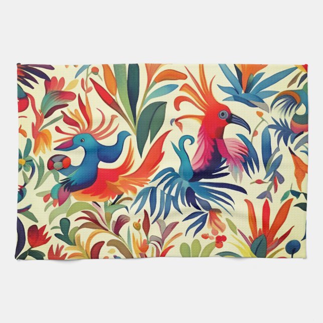 Colorful Otomi Birds Mönster Kökshandduk (Horisontell)