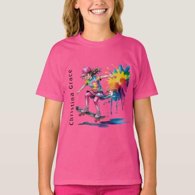 Colorful Painted Girl Skateboarder Birthday Name T Shirt (Framsida)