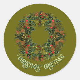 Colorful Paisley Wreath on Green Christmas Card Runt Klistermärke