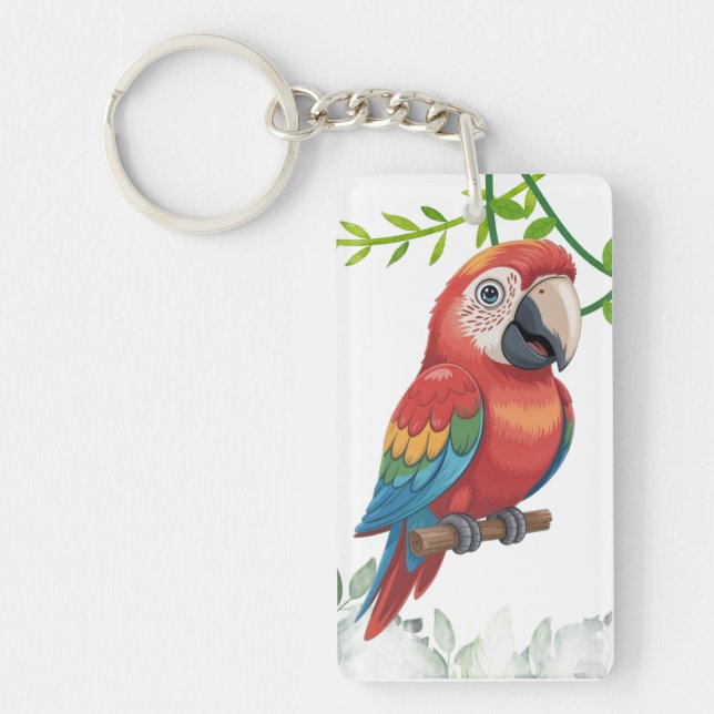 Colorful Parrot Acrylic Keychain – Bird & Plant (Framsidan)