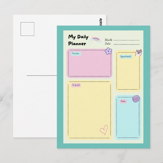 Colorful Pastel Kawaii Cute Daily Planner Vykort (Fram/baksida)