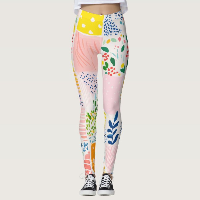 Colorful Pastel Patchwork Preppy Leggings (Framsida)
